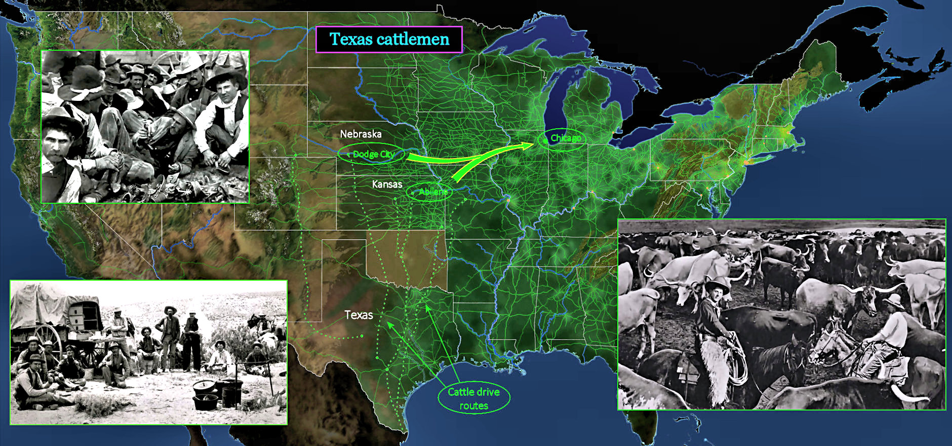 Texas cowboy cattle drives, 1910 map